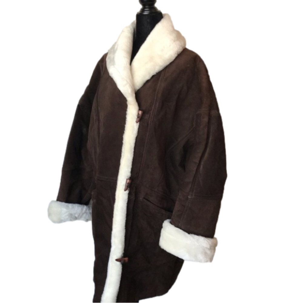 80s Style Suede Leather Jacket Coat With Faux Shearling Lining. Chocolate Brown